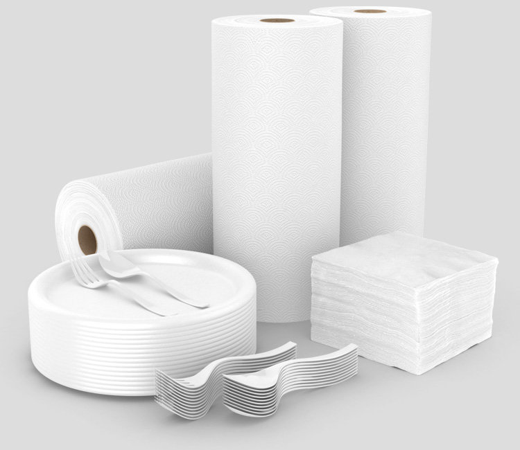 Assortment of breakroom supplies: plastic ware, plates, paper towels and napkins available for delivery throughout Idaho and Utah